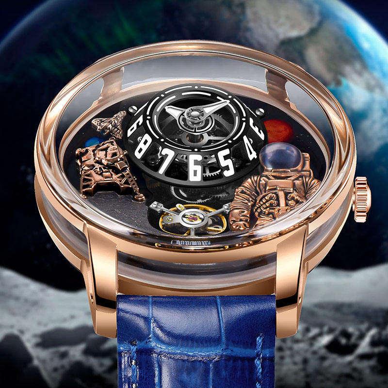 Luxury moon landing watch with rose gold case, astronaut detail, blue leather strap, motorsport-inspired design