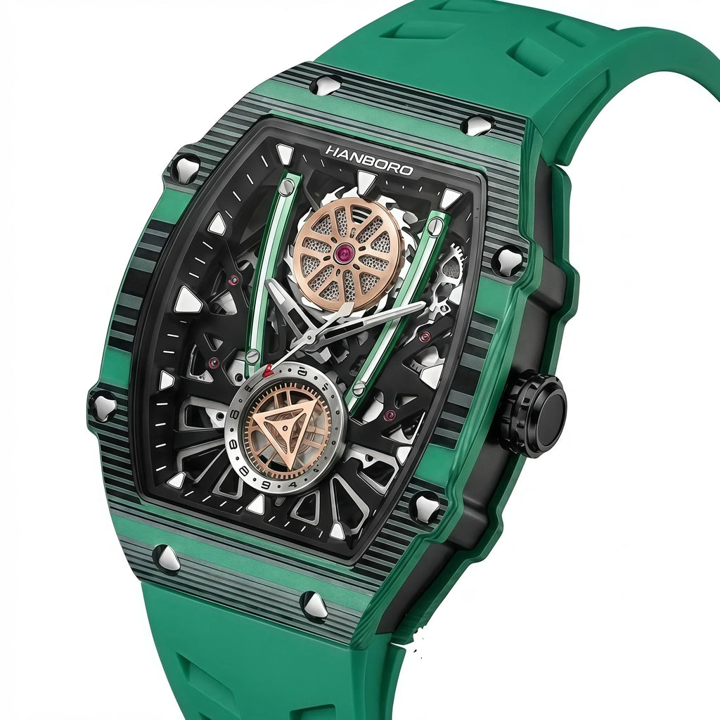 Green tonneau-shaped skeleton watch with bold sport-luxury design, inspired by motorsport.