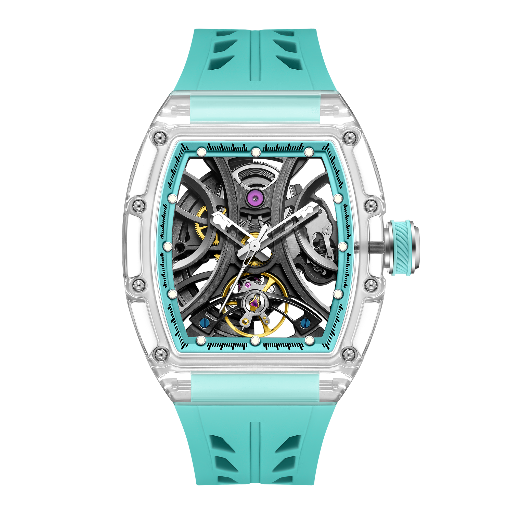 Luxury skeleton watch with a turquoise strap, clear case, and motorsport-inspired design