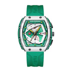 Motorsport-inspired green rubber strap watch with bold angular case, chronograph dial, and modern sport-luxury design.