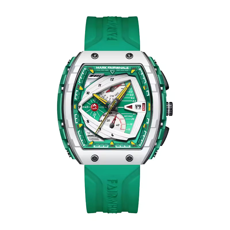 Motorsport-inspired green rubber strap watch with bold angular case, chronograph dial, and modern sport-luxury design.