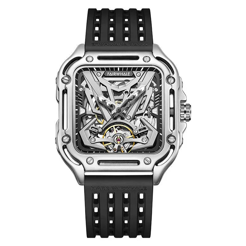Skeleton dial motorsport-inspired luxury watch with black rubber strap and bold geometric design