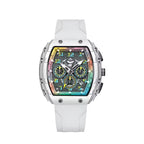 Motorsport-inspired luxury chronograph with white strap, colorful dial, and modern sport design