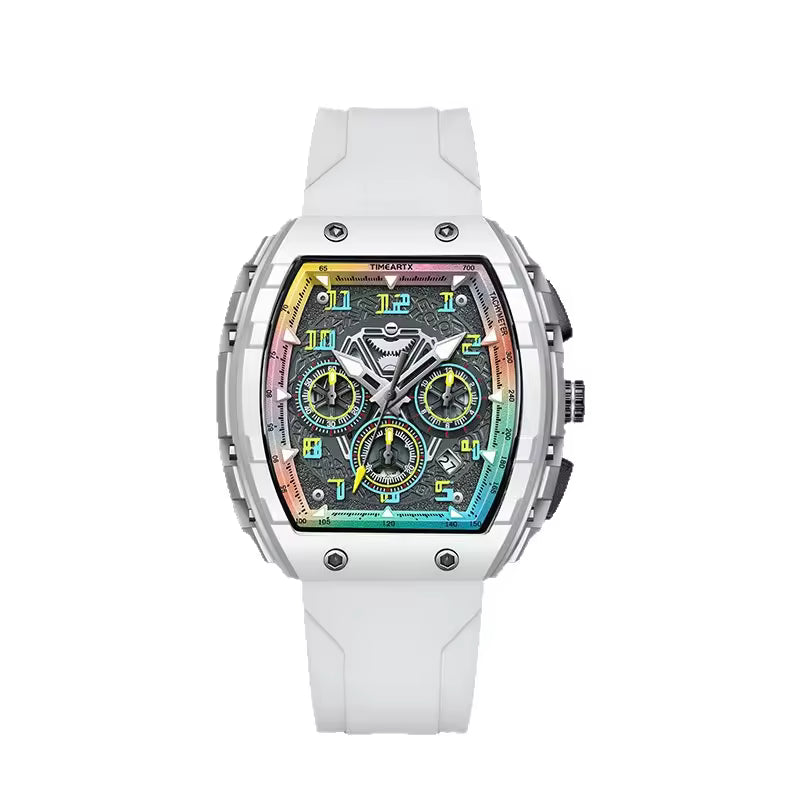 Motorsport-inspired luxury chronograph with white strap, colorful dial, and modern sport design