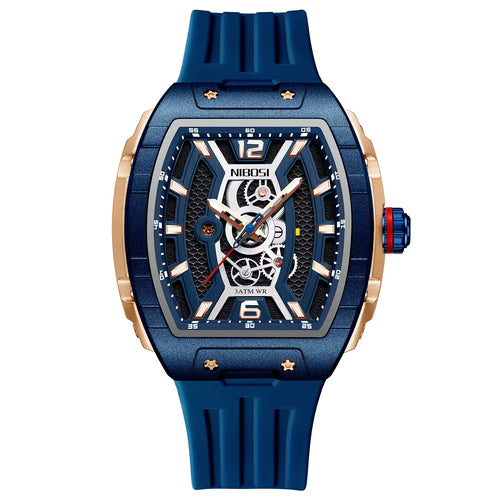 Motorsport-inspired luxury watch with bold blue case, skeleton dial, and sporty design