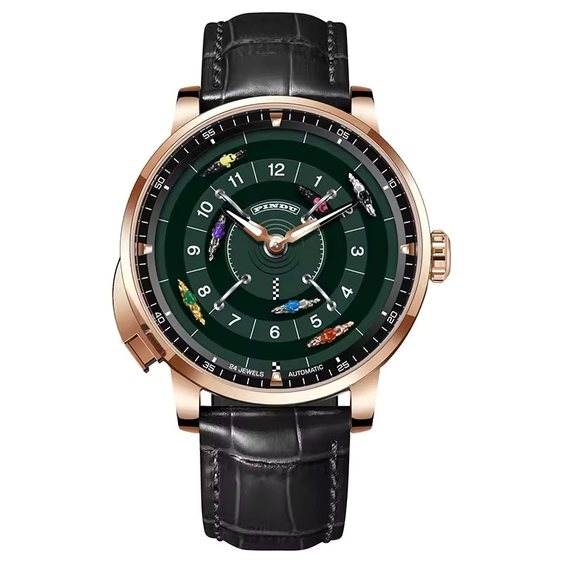 Luxury racing-inspired watch with gold case, green dial, racecar hour markers, and black leather strap