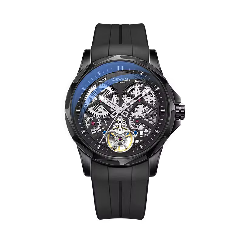 Skeleton dial racing-inspired luxury watch with visible gears, black case and rubber strap