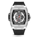 Motorsport-inspired luxury skeleton watch with bold tonneau case and black rubber strap