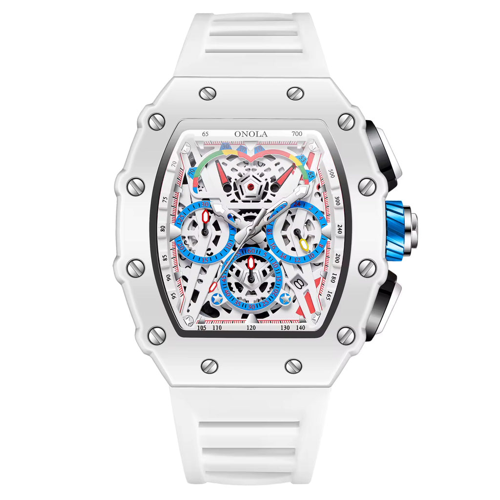 Modern white racing-inspired skeleton chronograph watch with blue and red dial accents