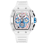 Modern white racing-inspired skeleton chronograph watch with blue and red dial accents