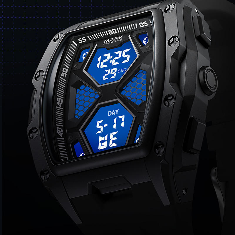 Modern black digital watch with blue LED display, hexagonal face, motorsport-inspired design
