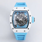 Motorsport-inspired skeleton watch with white case, blue strap, and visible mechanical movement