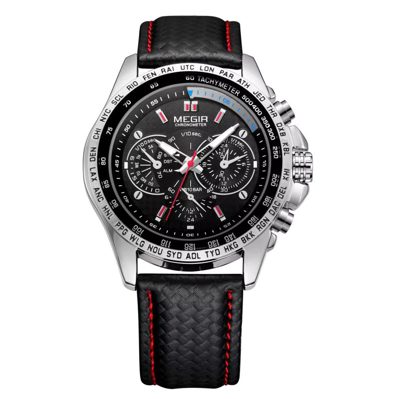 Luxury chronograph watch with black dial, red accents, and textured strap — motorsport-inspired design