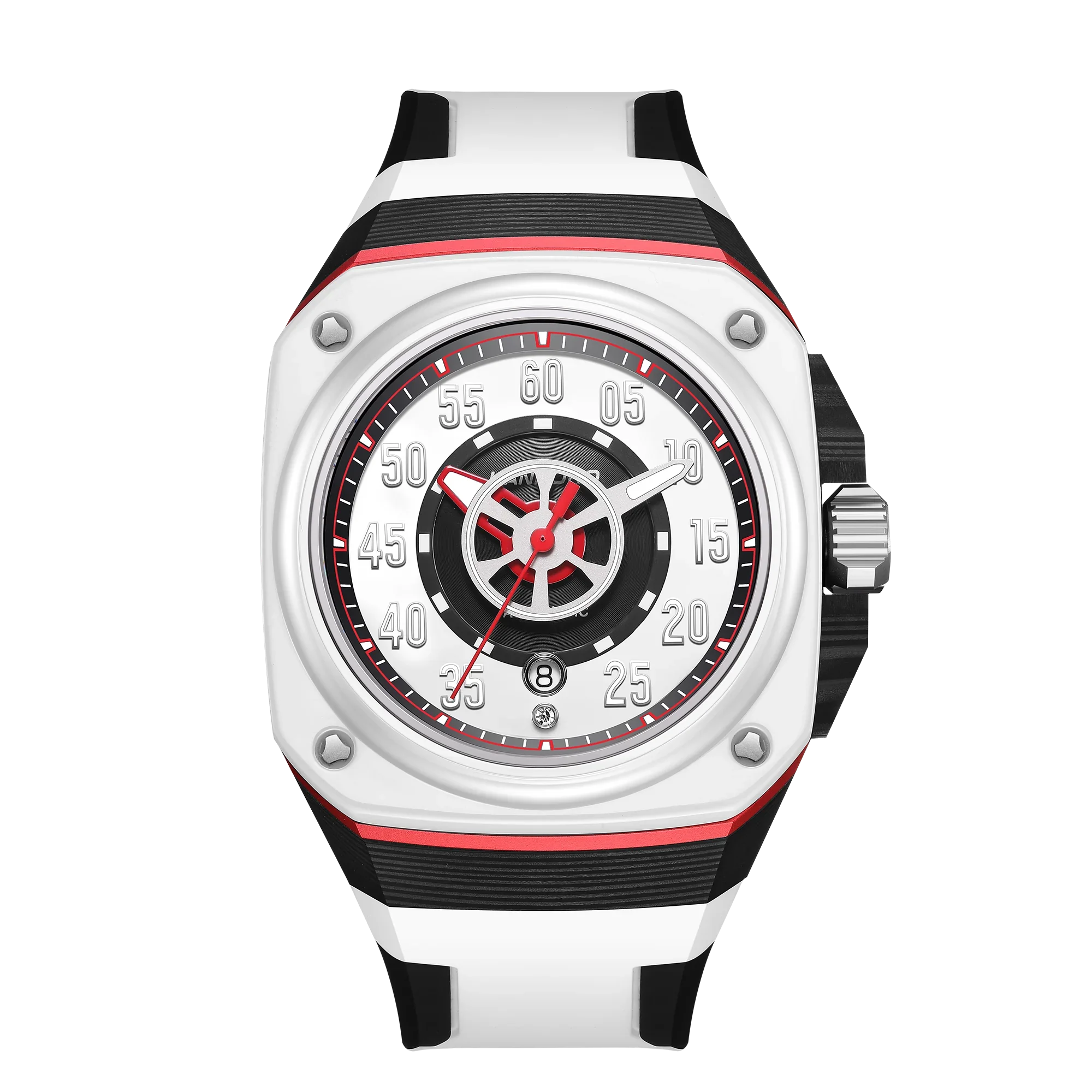 White racing-inspired luxury watch with bold black, red accents, and sporty chronograph design