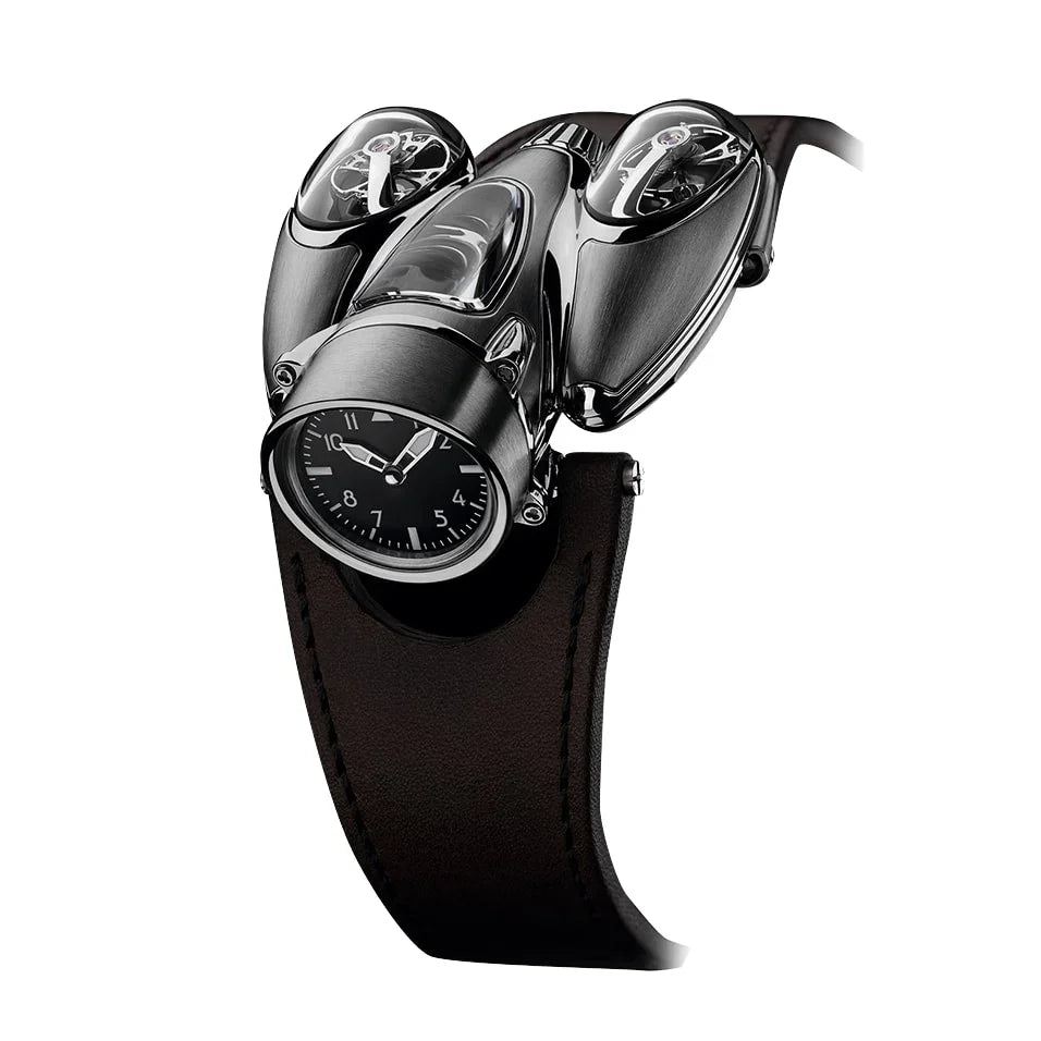 Futuristic motorsport-inspired luxury watch with black dial, sculpted metallic case, and brown leather strap