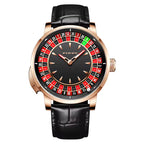 Luxury sport watch with roulette-inspired dial, rose gold case, black leather strap, bold design