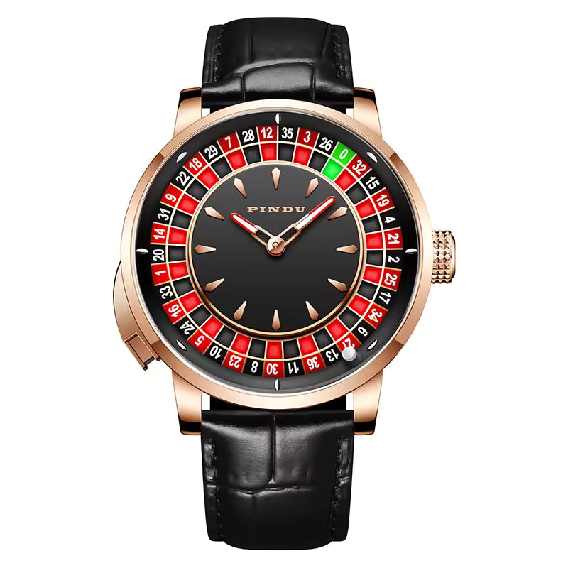 Luxury sport watch with roulette-inspired dial, rose gold case, black leather strap, bold design