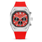 Racing-inspired chronograph watch with red textured dial, three subdials, and bold red strap