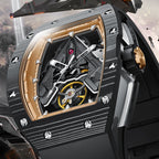 Luxury sport-inspired watch with exposed mechanical movement, carbon fiber case, and gold details