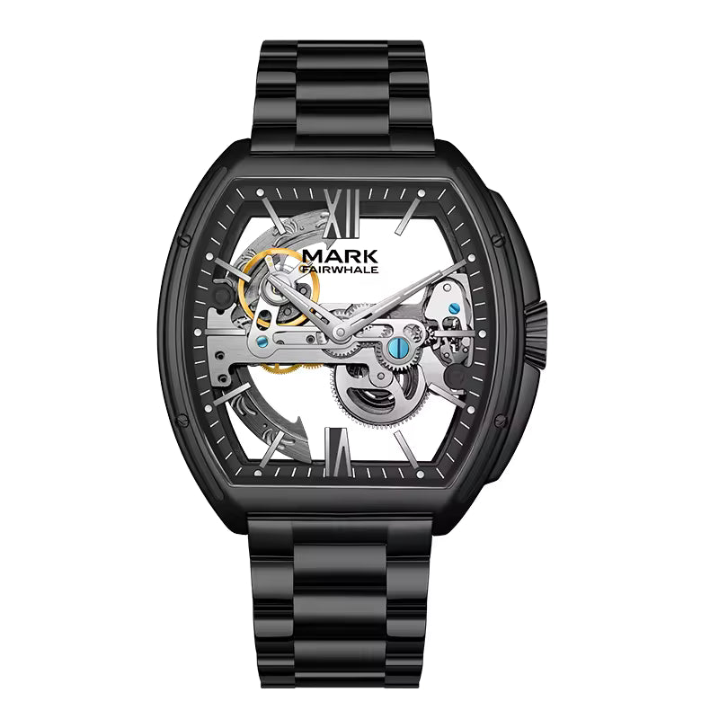 Motorsport-inspired luxury skeleton watch with black metal band, tonneau case, exposed mechanics