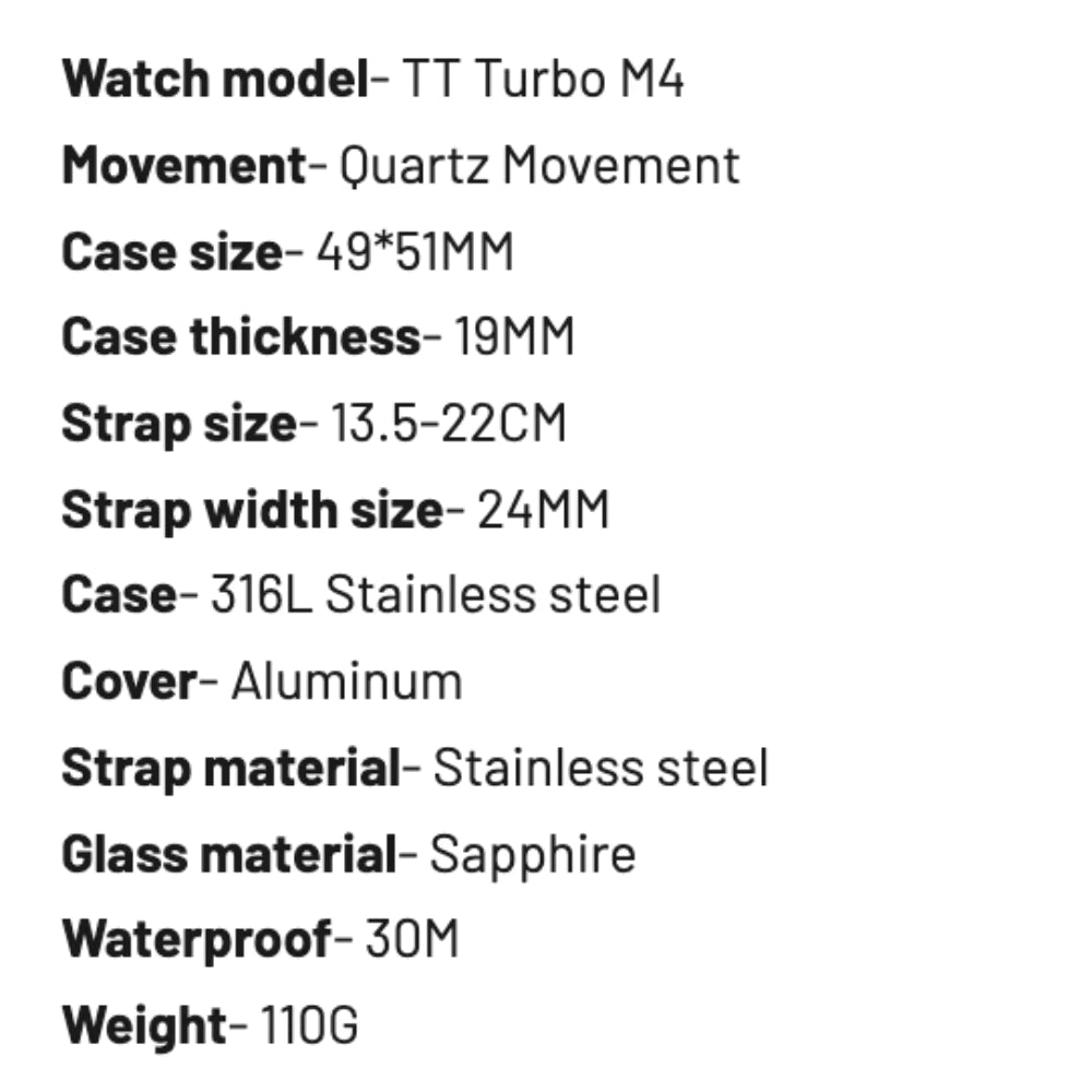 TT Turbo M4 watch specs: quartz movement, 316L stainless steel, 49x51mm case, sapphire glass