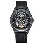 Luxury motorsport-inspired skeleton dial watch with black textured strap and automatic movement