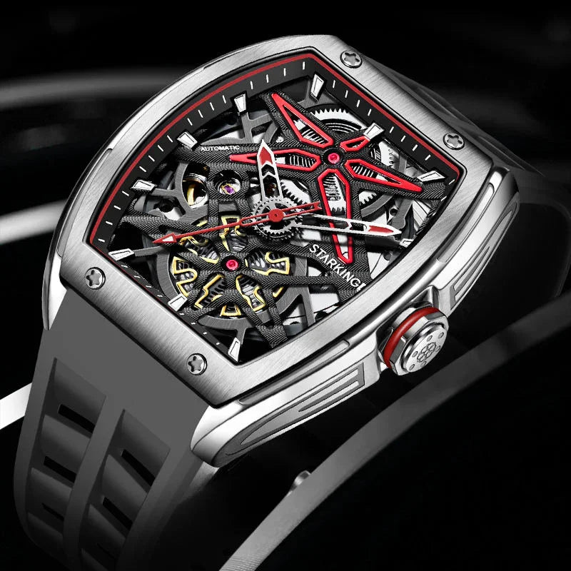 Luxury sport-inspired skeleton watch with tonneau case, red accents, and visible gears