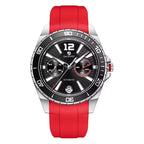 Motorsport-inspired sport-luxury watch with black dial, chronograph subdials, and red rubber strap