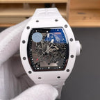 White tonneau skeleton watch with exposed gears, motorsport-inspired luxury design