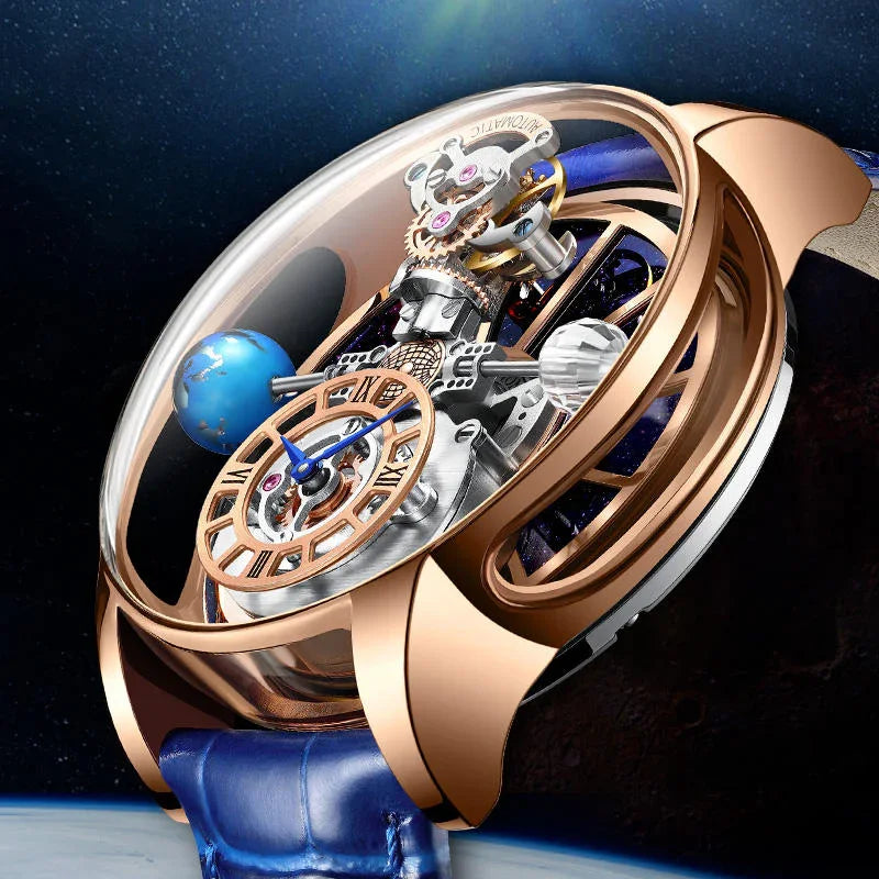 Luxury skeleton watch with rose gold case, mechanical movement, and blue leather strap