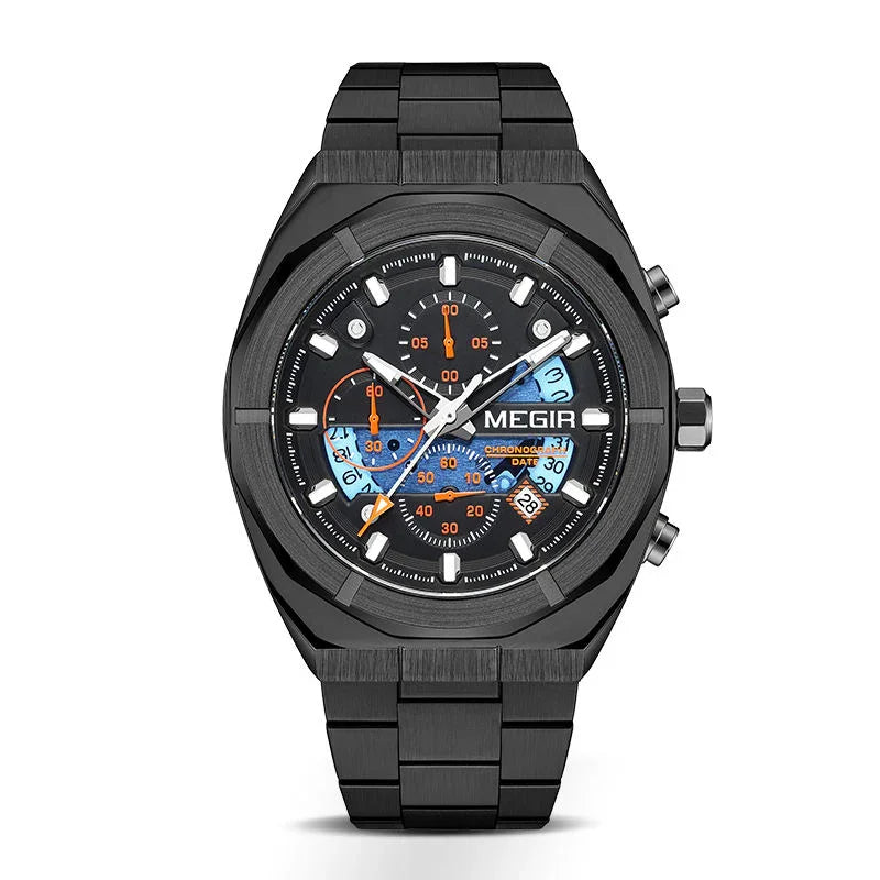 Black racing-inspired chronograph watch with bold dial, orange accents, and steel bracelet.