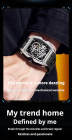 Luxury square skeleton mechanical watch with black strap, motorsport-inspired design on wrist