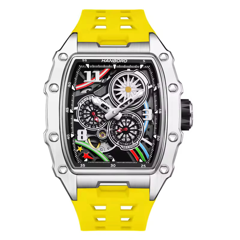 Luxury sport-inspired chronograph watch with skeleton dial, silver case, and yellow strap