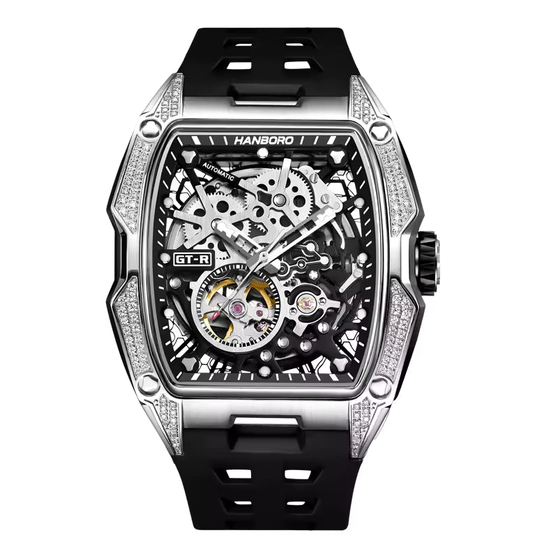 Luxury skeleton dial watch with sporty black strap, motorsport-inspired design, diamond accents