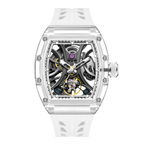 Skeleton dial sport-luxury watch with transparent case, exposed movement, and bold white strap