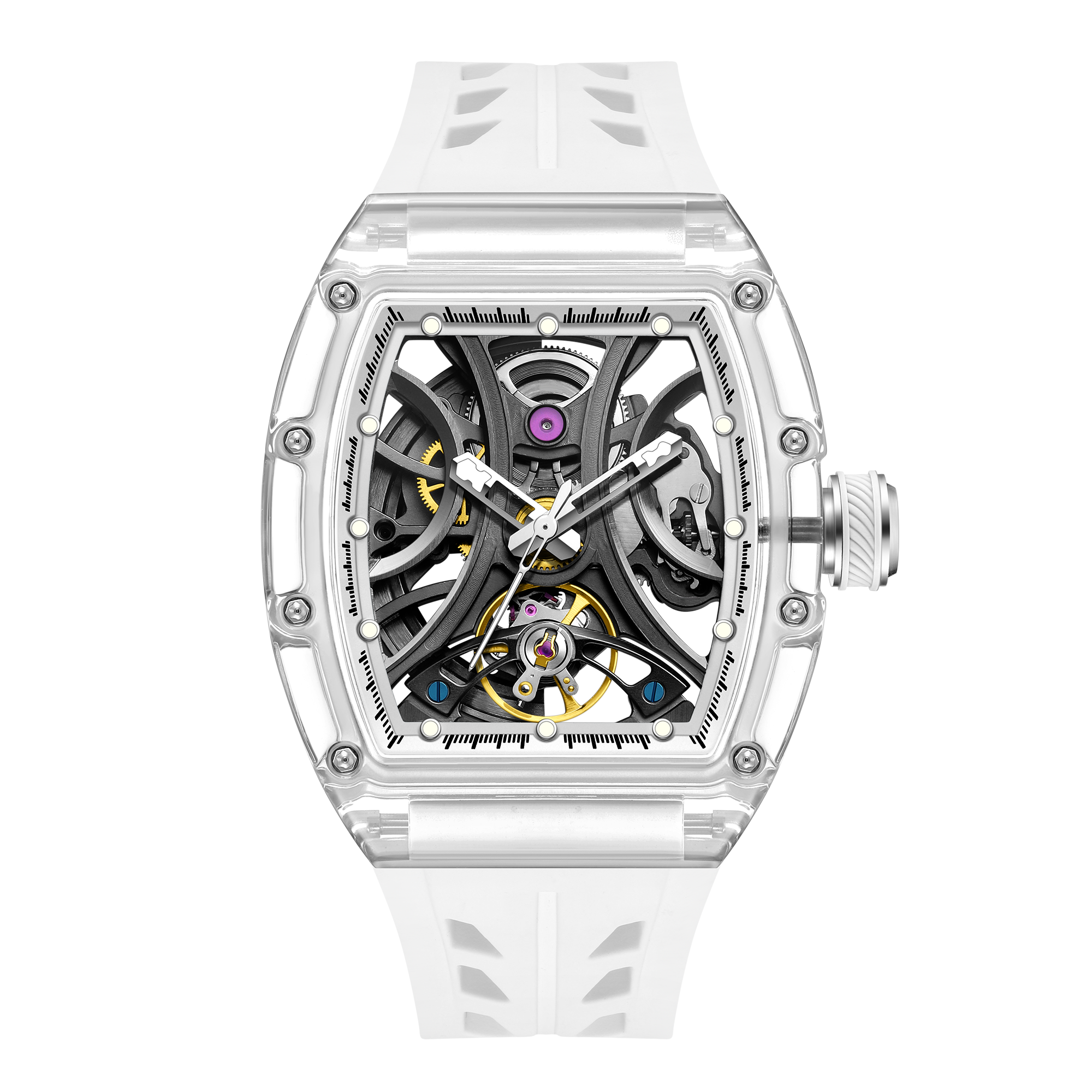 Skeleton dial sport-luxury watch with transparent case, exposed movement, and bold white strap
