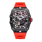 Motorsport-inspired luxury watch with carbon fiber case, skeleton dial, and red rubber strap