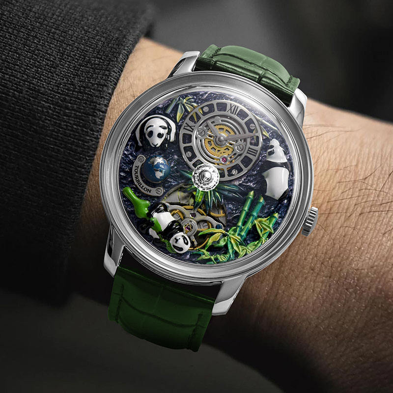 Luxury sport-inspired wristwatch with green strap, intricate panda and bamboo dial, visible tourbillon.