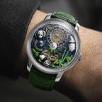 Luxury sport-inspired wristwatch with green strap, intricate panda and bamboo dial, visible tourbillon.