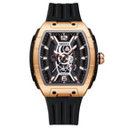 Luxury motorsport-inspired watch with rose gold case, skeleton dial, and black rubber strap