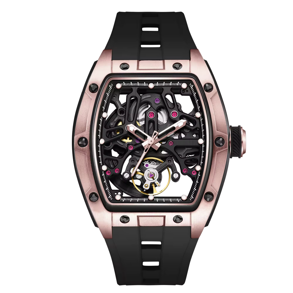 Luxury tonneau skeleton watch with rose gold case, black strap, motorsport-inspired design