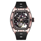 Luxury tonneau skeleton watch with rose gold case, black strap, motorsport-inspired design