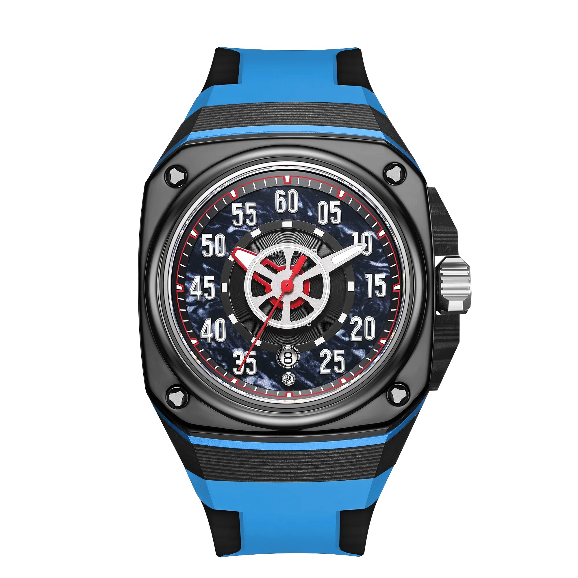 Racing-inspired sport luxury watch with blue strap, black dial, bold numerals and red accents
