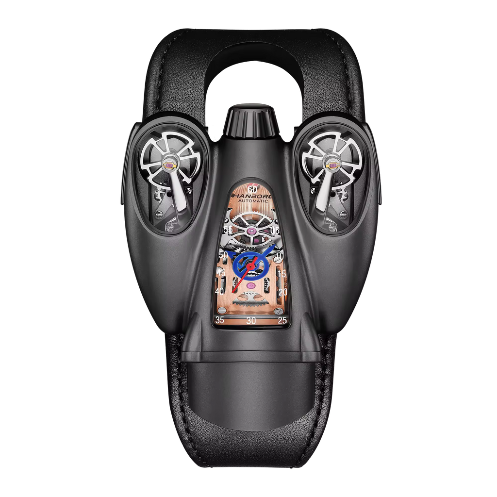 Motorsport-inspired luxury watch with skeleton dial, sporty design, and dual balance wheels