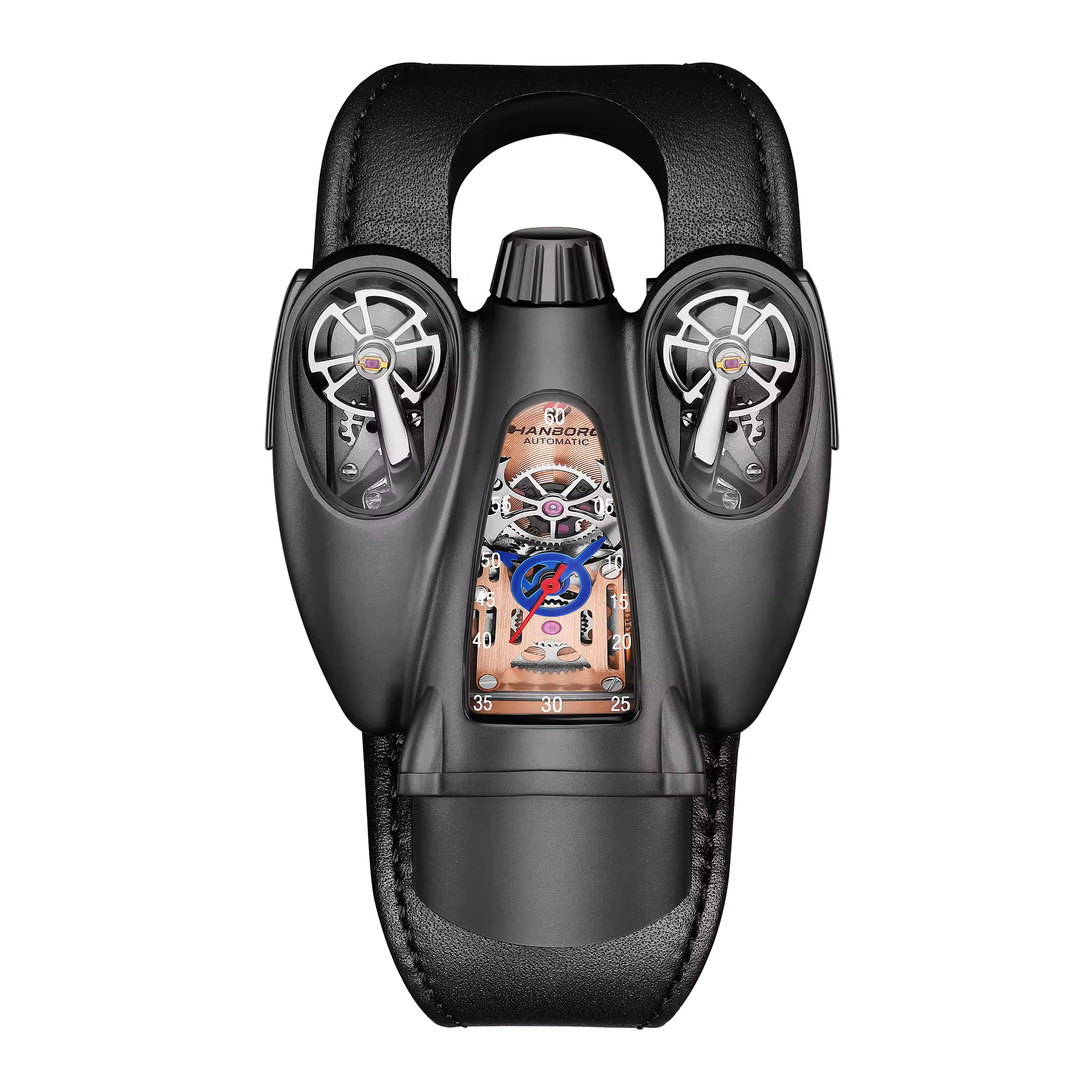 Motorsport-inspired luxury watch with skeleton dial, sporty design, and dual balance wheels