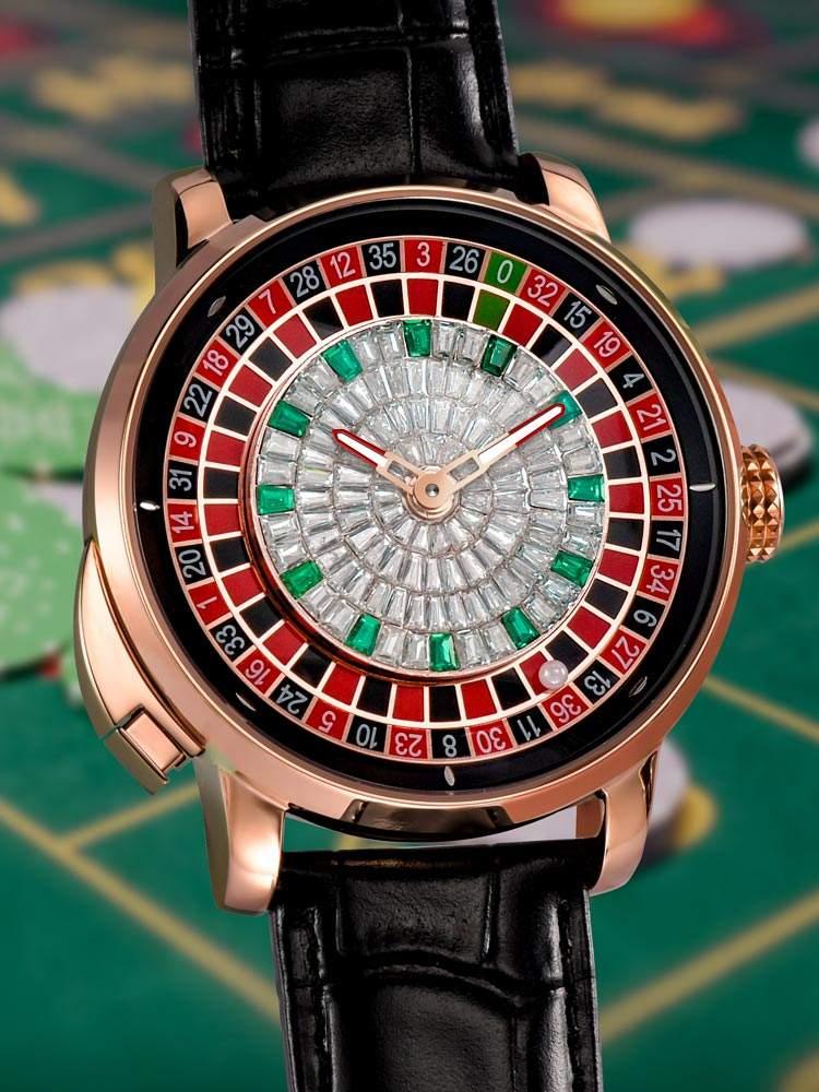 Luxury sport-luxury watch with roulette-inspired dial, emerald accents, black leather strap