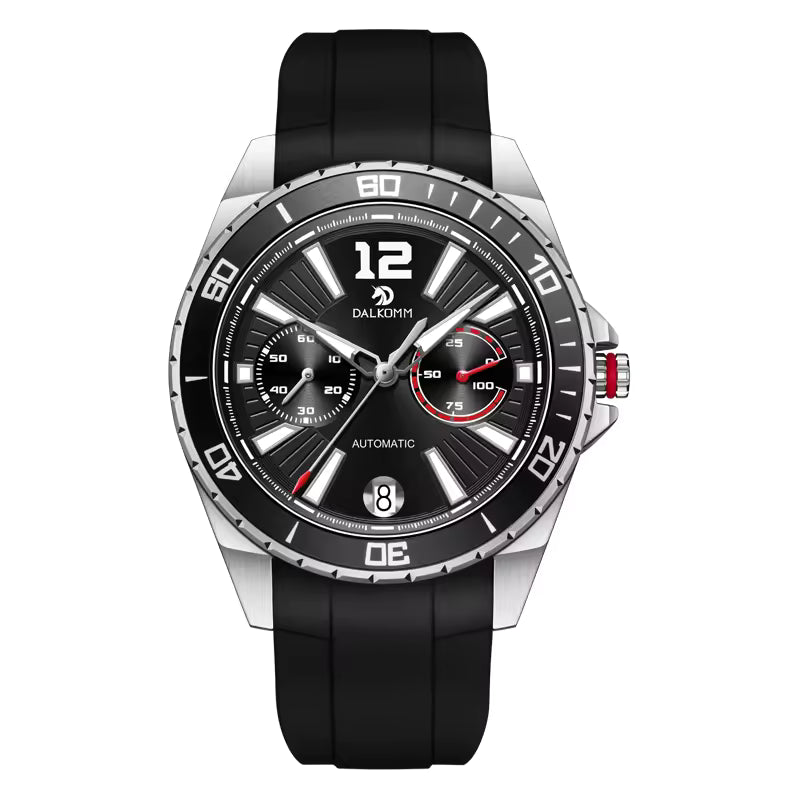 Luxury sport-inspired black chronograph watch with bold markers, rubber strap, and racing details