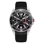 Luxury sport-inspired black chronograph watch with bold markers, rubber strap, and racing details