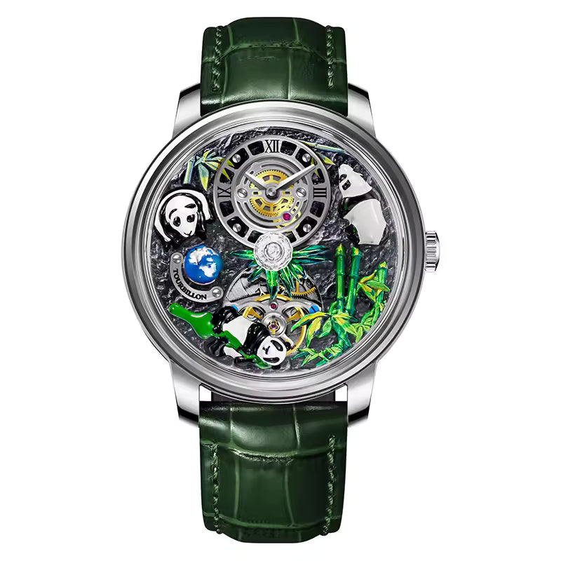 Luxury sport-inspired watch with green leather strap, panda dial art, exposed mechanics