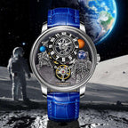 Luxury motorsport-inspired watch with astronaut and moon landing details, blue leather strap